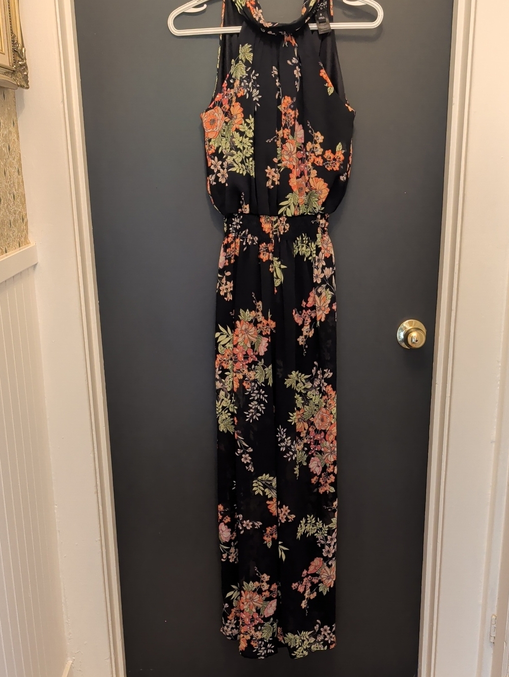 Enfocus Studio Black Halter Jumpsuit with Coral & Green Floral Print
